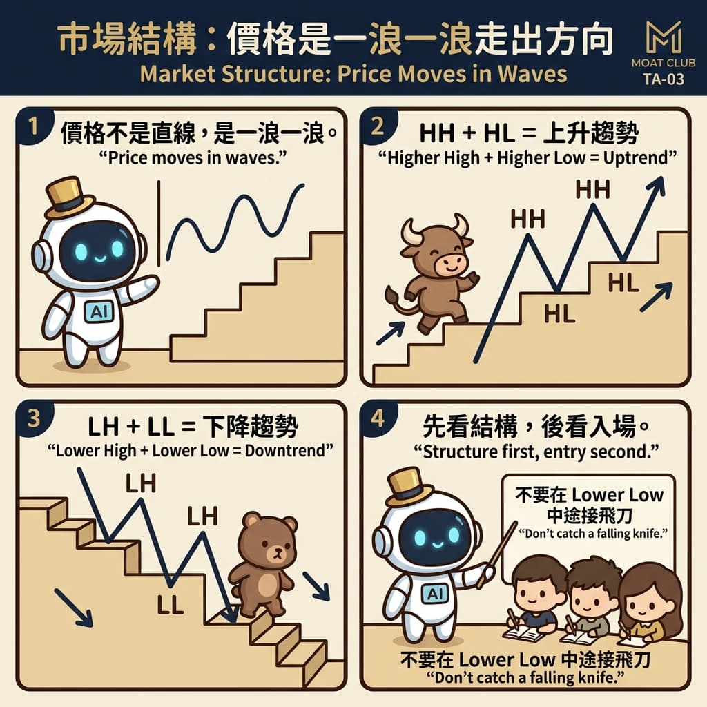 市場結構：價格是一浪一浪走出方向 — Moat Club 免費技術分析漫畫